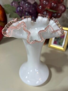 Fenton White Glass Vase with Pink Luster Ruffled Rim